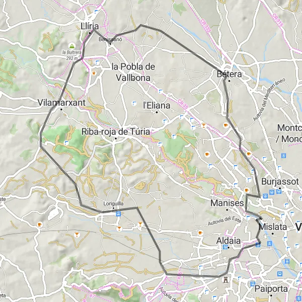 Map miniature of "Alaquàs and Llíria Road Adventure" cycling inspiration in Comunitat Valenciana, Spain. Generated by Tarmacs.app cycling route planner