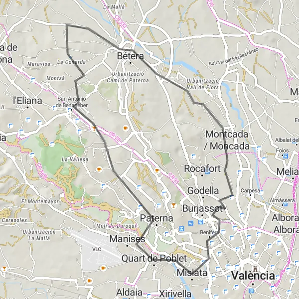 Miniatuurkaart van de fietsinspiratie "Wegroute van Xirivella naar Manises, Trinchera, Bétera, Burjassot en Mislata" in Comunitat Valenciana, Spain. Gemaakt door de Tarmacs.app fietsrouteplanner