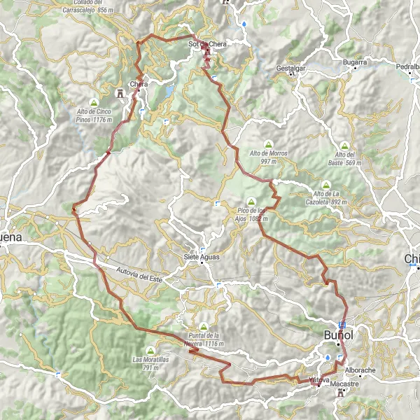 Miniature de la carte de l'inspiration cycliste "Les montagnes majestueuses de Yátova" dans la Comunitat Valenciana, Spain. Générée par le planificateur d'itinéraire cycliste Tarmacs.app