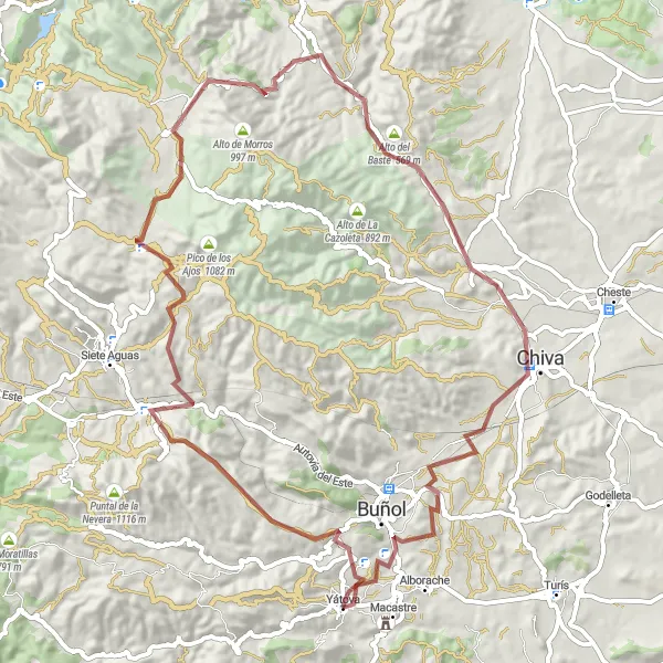 Map miniature of "Yátova Hills and Mountain Majesty Gravel Circuit" cycling inspiration in Comunitat Valenciana, Spain. Generated by Tarmacs.app cycling route planner