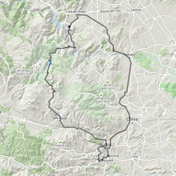 Miniatua del mapa de inspiración ciclista "Ruta en Bicicleta de Carretera Yátova - Buñol - Siete Aguas - Chulilla - Altico del Palomo - Pedralba - Chiva - Mirador Peña Lomeros - Mirador del Turche - Yátova" en Comunitat Valenciana, Spain. Generado por Tarmacs.app planificador de rutas ciclistas