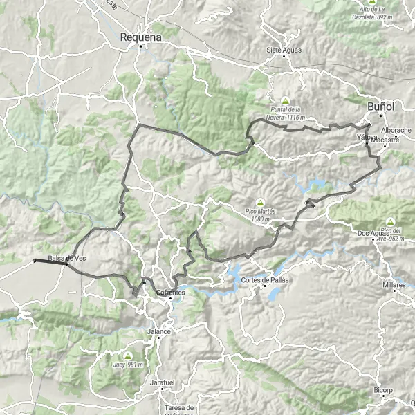 Miniatura della mappa di ispirazione al ciclismo "Sfida Estrema da Cofrentes a Yátova" nella regione di Comunitat Valenciana, Spain. Generata da Tarmacs.app, pianificatore di rotte ciclistiche
