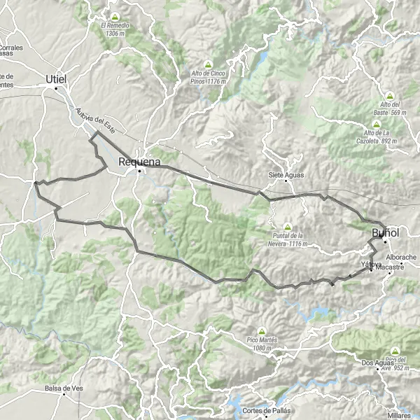 Miniatura della mappa di ispirazione al ciclismo "Avventura in Road a Requena" nella regione di Comunitat Valenciana, Spain. Generata da Tarmacs.app, pianificatore di rotte ciclistiche