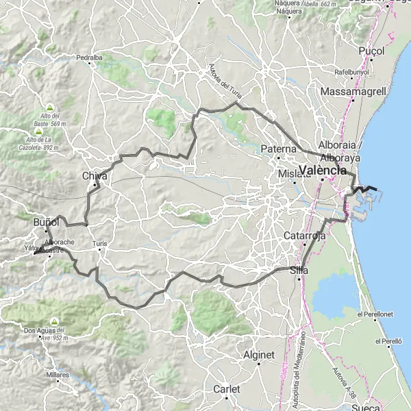 Miniatua del mapa de inspiración ciclista "Ruta en Bicicleta de Carretera Yátova - Mirador del Turche - Buñol - Mirador Peña Lomeros - Cheste - Loriguilla - Trinchera - Godella - Benimaclet - Llocnou de la Corona - Picassent - Montserrat - Alborache - Yátova" en Comunitat Valenciana, Spain. Generado por Tarmacs.app planificador de rutas ciclistas