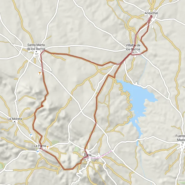 Miniatua del mapa de inspiración ciclista "Ruta en bicicleta de grava desde Aceuchal a través de Villalba de los Barros, Feria y La Parra" en Extremadura, Spain. Generado por Tarmacs.app planificador de rutas ciclistas