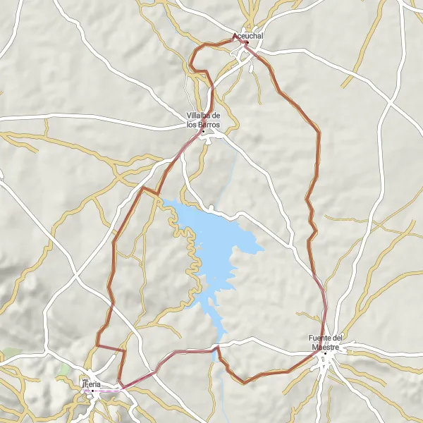Miniatua del mapa de inspiración ciclista "Ruta en bicicleta de grava desde Aceuchal a través de Fuente del Maestre y Villalba de los Barros" en Extremadura, Spain. Generado por Tarmacs.app planificador de rutas ciclistas