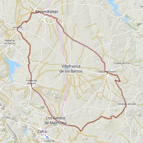 Map miniature of "Aceuchal to Hinojosa del Valle Gravel Route" cycling inspiration in Extremadura, Spain. Generated by Tarmacs.app cycling route planner