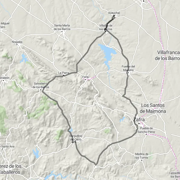 Miniatua del mapa de inspiración ciclista "Ruta en bicicleta de carretera desde Aceuchal a través de Fuente del Maestre, Burguillos del Cerro y La Parra" en Extremadura, Spain. Generado por Tarmacs.app planificador de rutas ciclistas