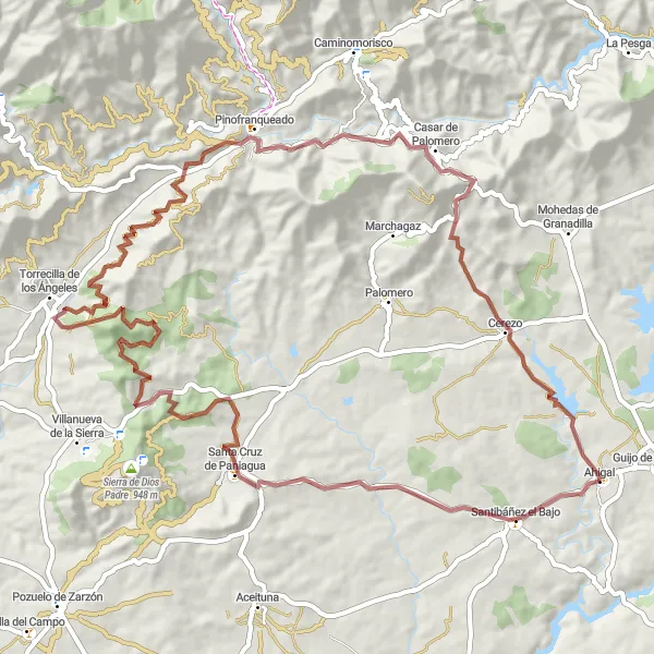 Miniatuurkaart van de fietsinspiratie "Gravelavontuur naar Casar de Palomero" in Extremadura, Spain. Gemaakt door de Tarmacs.app fietsrouteplanner