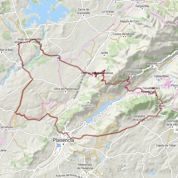 Miniatuurkaart van de fietsinspiratie "Avontuurlijke Gravelrit naar Mirador Monte Valcorchero" in Extremadura, Spain. Gemaakt door de Tarmacs.app fietsrouteplanner