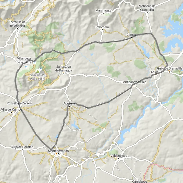 Miniatuurkaart van de fietsinspiratie "Santibáñez el Bajo to Guijo de Granadilla" in Extremadura, Spain. Gemaakt door de Tarmacs.app fietsrouteplanner