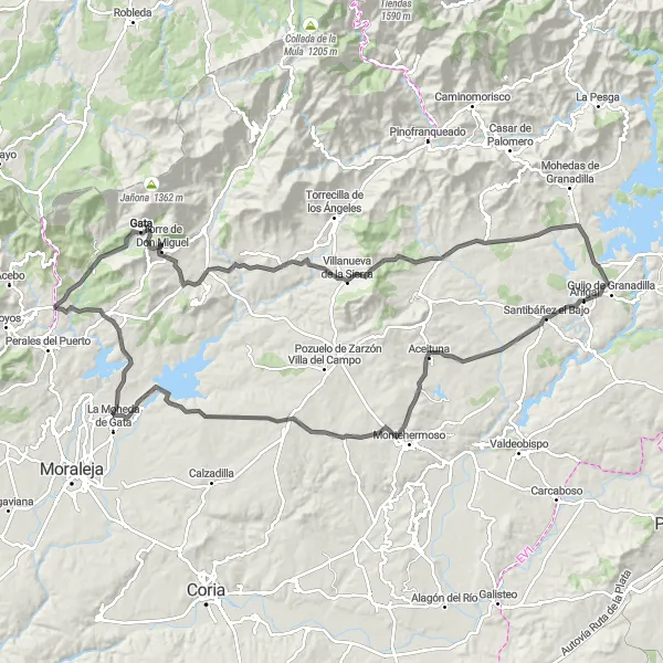 Miniatuurkaart van de fietsinspiratie "Roadtrip door de Heuvels van Extremadura" in Extremadura, Spain. Gemaakt door de Tarmacs.app fietsrouteplanner