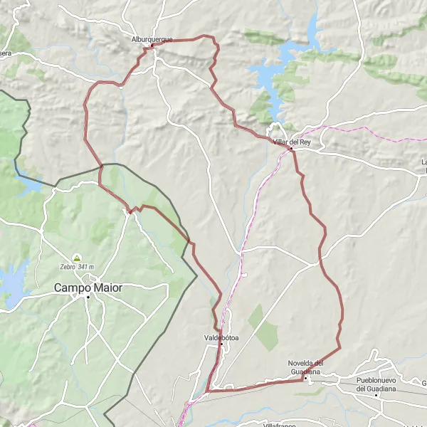 Miniatuurkaart van de fietsinspiratie "Rondrit van Alburquerque naar Villar del Rey" in Extremadura, Spain. Gemaakt door de Tarmacs.app fietsrouteplanner