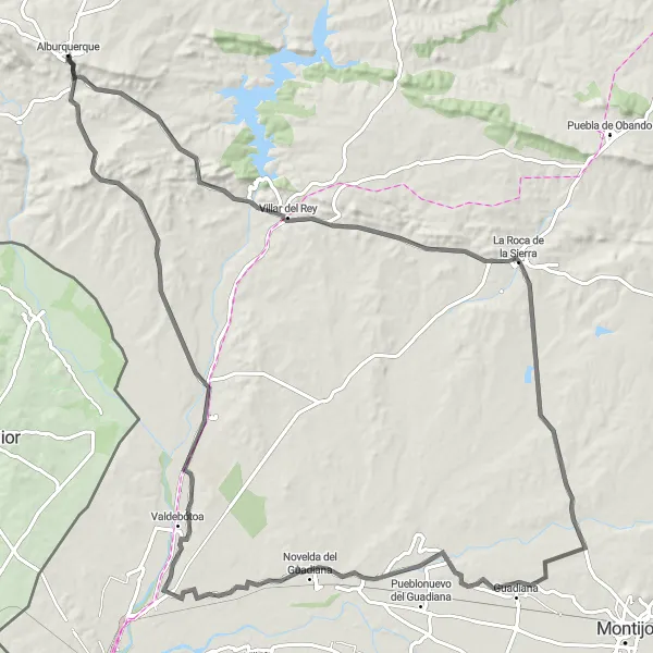 Miniatuurkaart van de fietsinspiratie "Rondrit naar Villar del Rey en La Roca de la Sierra" in Extremadura, Spain. Gemaakt door de Tarmacs.app fietsrouteplanner