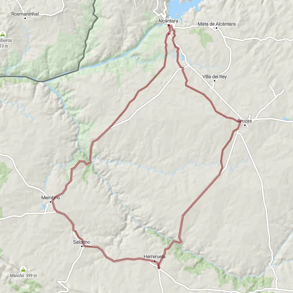 Miniatuurkaart van de fietsinspiratie "Ontdek Brozas naar Membrío Gravel Route" in Extremadura, Spain. Gemaakt door de Tarmacs.app fietsrouteplanner