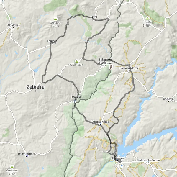 Miniatuurkaart van de fietsinspiratie "Avontuurlijke fietstocht door de omgeving van Alcántara" in Extremadura, Spain. Gemaakt door de Tarmacs.app fietsrouteplanner