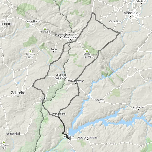 Map miniature of "Hills of Alcántara" cycling inspiration in Extremadura, Spain. Generated by Tarmacs.app cycling route planner