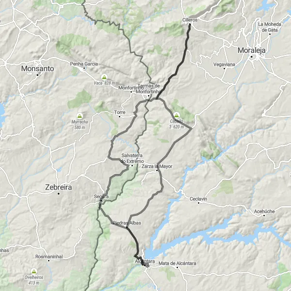 Miniatuurkaart van de fietsinspiratie "Alcántara naar Monfortinho Road Cycling Route" in Extremadura, Spain. Gemaakt door de Tarmacs.app fietsrouteplanner