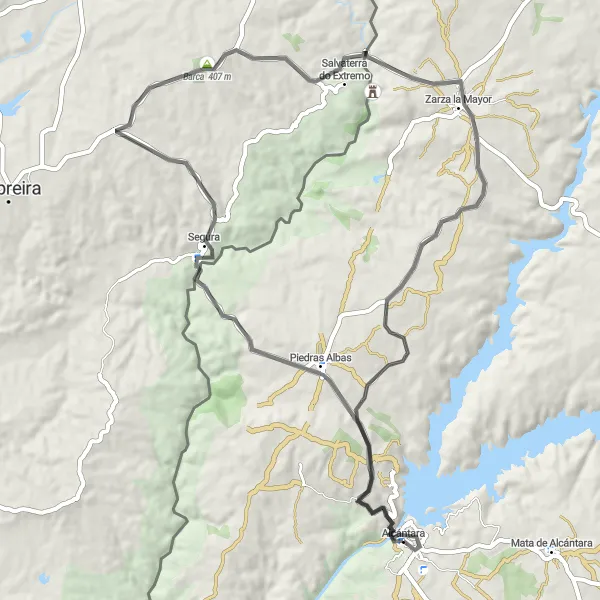 Map miniature of "Alcántara Loop" cycling inspiration in Extremadura, Spain. Generated by Tarmacs.app cycling route planner