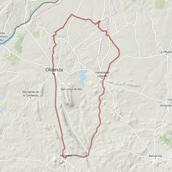 Map miniature of "Gravel route from Alconchel to Táliga" cycling inspiration in Extremadura, Spain. Generated by Tarmacs.app cycling route planner