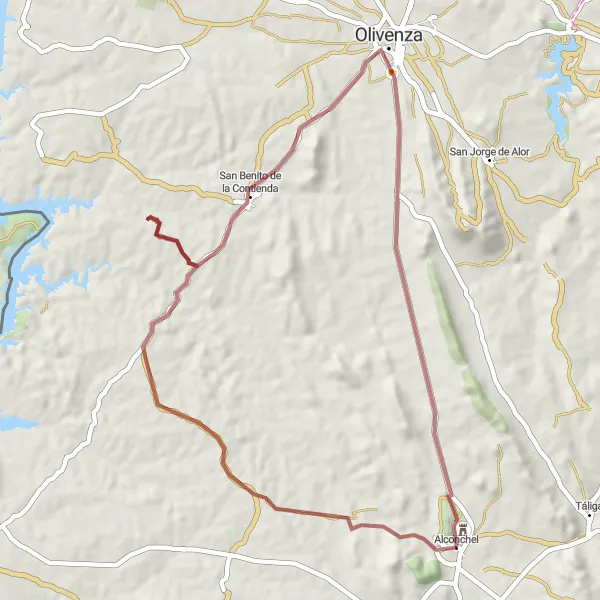 Map miniature of "Alconchel Gravel Route" cycling inspiration in Extremadura, Spain. Generated by Tarmacs.app cycling route planner