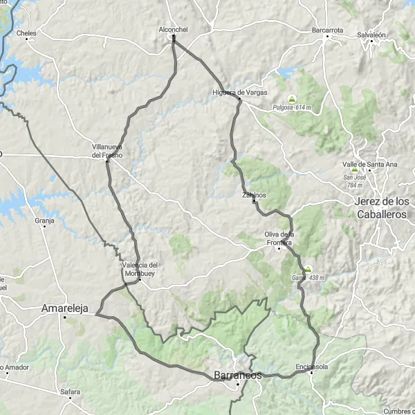 Map miniature of "Alconchel Epic Road Journey" cycling inspiration in Extremadura, Spain. Generated by Tarmacs.app cycling route planner