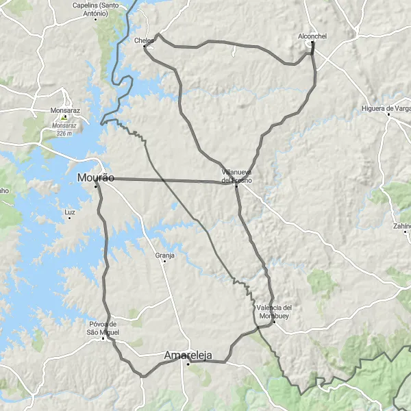 Miniatuurkaart van de fietsinspiratie "Via Mourão naar Merida en Amareleja" in Extremadura, Spain. Gemaakt door de Tarmacs.app fietsrouteplanner