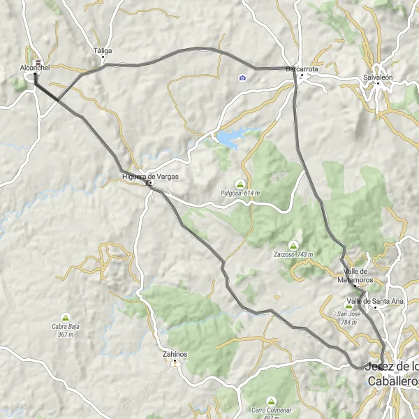 Map miniature of "Alconchel Scenic Road Ride" cycling inspiration in Extremadura, Spain. Generated by Tarmacs.app cycling route planner