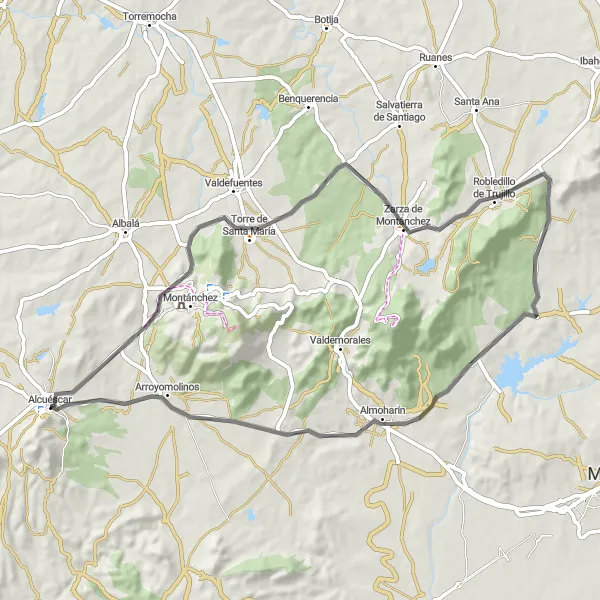 Miniatua del mapa de inspiración ciclista "Ruta de las Villas y Monumentos" en Extremadura, Spain. Generado por Tarmacs.app planificador de rutas ciclistas