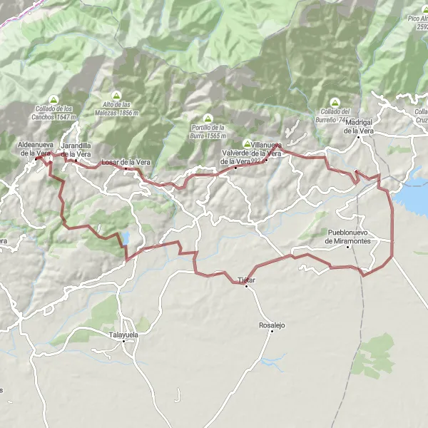 Miniatura mapy "Szlak Aldeanueva de la Vera - Jarandilla de la Vera - Valverde de la Vera - Cascada del Diablo - Tiétar" - trasy rowerowej w Extremadura, Spain. Wygenerowane przez planer tras rowerowych Tarmacs.app