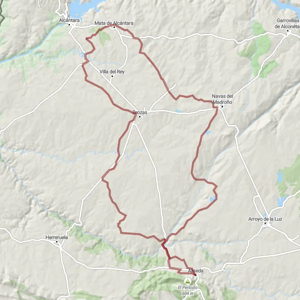 Miniatuurkaart van de fietsinspiratie "Gravelavontuur rond Aliseda" in Extremadura, Spain. Gemaakt door de Tarmacs.app fietsrouteplanner