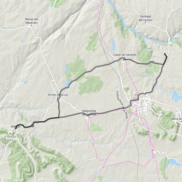 Map miniature of "Aliseda Loop - Countryside Ride" cycling inspiration in Extremadura, Spain. Generated by Tarmacs.app cycling route planner