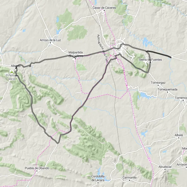 Map miniature of "Aliseda Countryside Exploration" cycling inspiration in Extremadura, Spain. Generated by Tarmacs.app cycling route planner