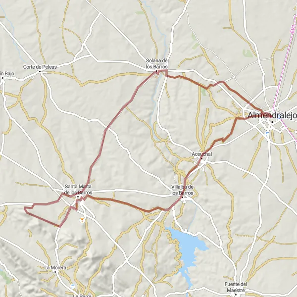 Miniatuurkaart van de fietsinspiratie "Avontuurlijke Gravelroute in de Natuur" in Extremadura, Spain. Gemaakt door de Tarmacs.app fietsrouteplanner