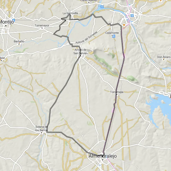 Miniatua del mapa de inspiración ciclista "Ruta de Almendralejo a Arroyo de San Serván y Torremejía" en Extremadura, Spain. Generado por Tarmacs.app planificador de rutas ciclistas