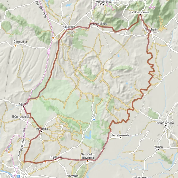 Map miniature of "The Mérida Gravel Loop" cycling inspiration in Extremadura, Spain. Generated by Tarmacs.app cycling route planner