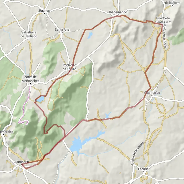 Map miniature of "The Gravel Adventure" cycling inspiration in Extremadura, Spain. Generated by Tarmacs.app cycling route planner