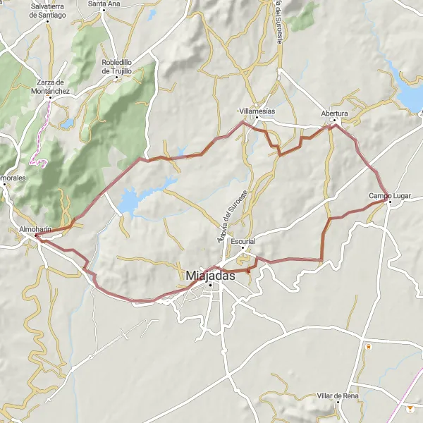 Map miniature of "Villamesías Gravel Adventure" cycling inspiration in Extremadura, Spain. Generated by Tarmacs.app cycling route planner