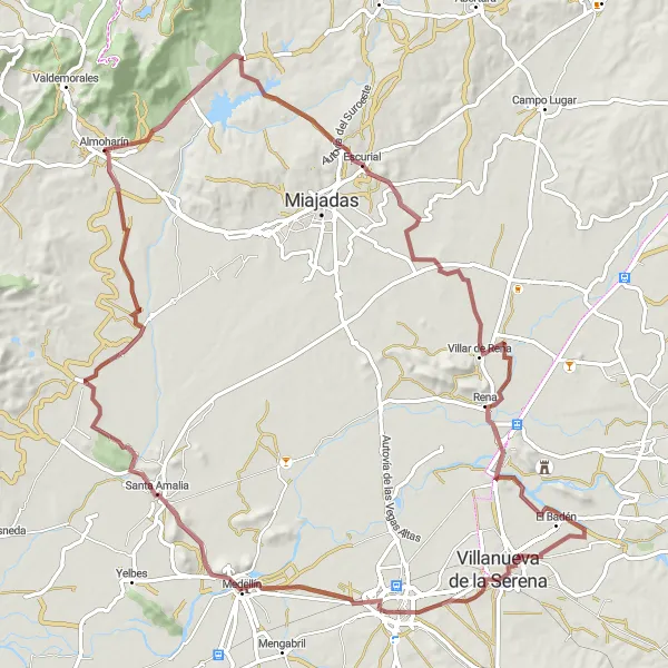 Miniatura mapy "Trasa Almoharín - Escurial - Rena - Don Benito - Santa Amalia" - trasy rowerowej w Extremadura, Spain. Wygenerowane przez planer tras rowerowych Tarmacs.app