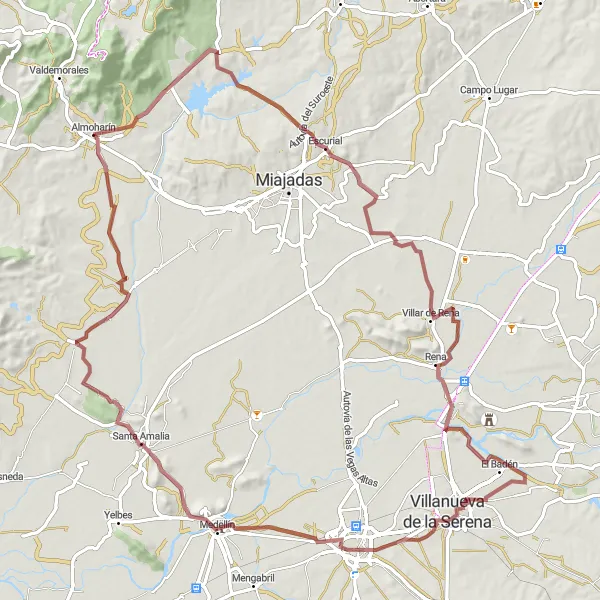 Map miniature of "The Escurial Gravel Adventure" cycling inspiration in Extremadura, Spain. Generated by Tarmacs.app cycling route planner