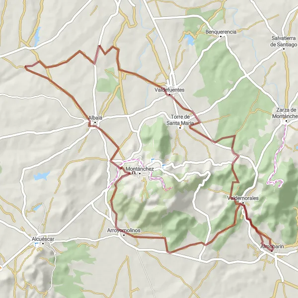 Map miniature of "Montánchez Gravel Challenge" cycling inspiration in Extremadura, Spain. Generated by Tarmacs.app cycling route planner