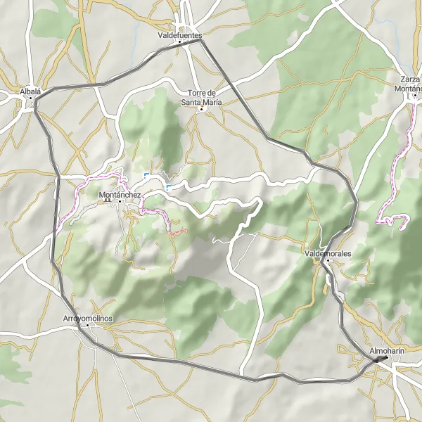 Map miniature of "Arroyomolinos Loop" cycling inspiration in Extremadura, Spain. Generated by Tarmacs.app cycling route planner