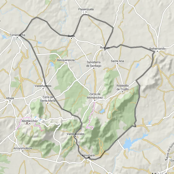 Map miniature of "Valdemorales - Valdefuentes - Botija - Ruanes - Ibahernando Loop" cycling inspiration in Extremadura, Spain. Generated by Tarmacs.app cycling route planner