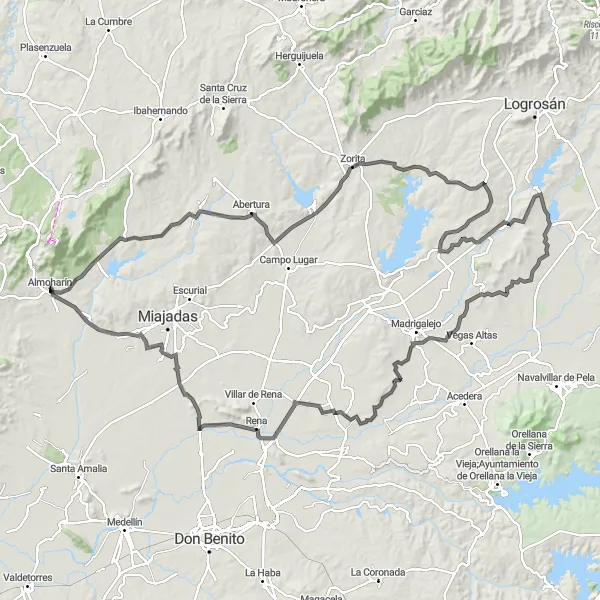 Map miniature of "The Villamesías Loop" cycling inspiration in Extremadura, Spain. Generated by Tarmacs.app cycling route planner