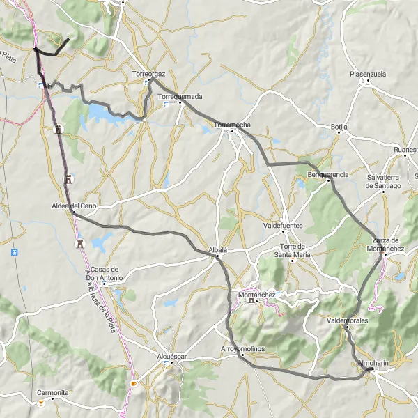 Map miniature of "The Arroyomolinos Ride" cycling inspiration in Extremadura, Spain. Generated by Tarmacs.app cycling route planner