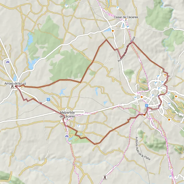 Miniatuurkaart van de fietsinspiratie "Nuevo Cáceres Gravel Route" in Extremadura, Spain. Gemaakt door de Tarmacs.app fietsrouteplanner