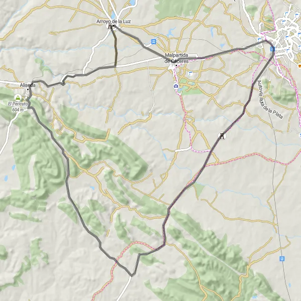 Map miniature of "Cáceres to Arroyo de la Luz Loop (Short)" cycling inspiration in Extremadura, Spain. Generated by Tarmacs.app cycling route planner