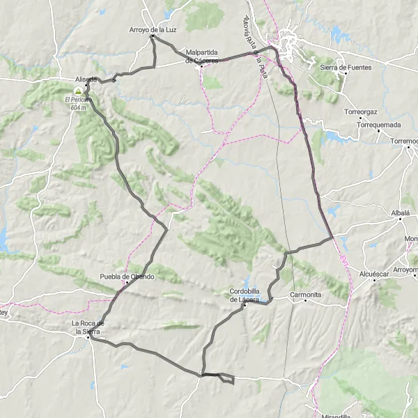 Map miniature of "Cáceres to Arroyo de la Luz Loop" cycling inspiration in Extremadura, Spain. Generated by Tarmacs.app cycling route planner
