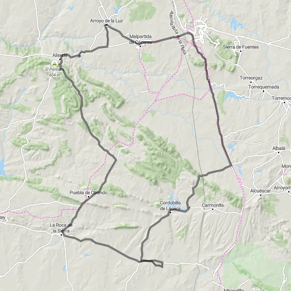 Miniatuurkaart van de fietsinspiratie "Valdesalor Adventure Road Route" in Extremadura, Spain. Gemaakt door de Tarmacs.app fietsrouteplanner