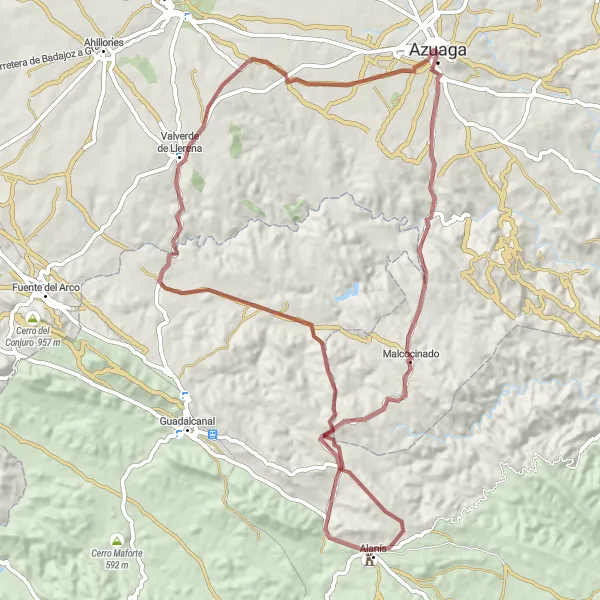 Miniatua del mapa de inspiración ciclista "Ruta de Grava hacia Malcocinado y Alanís" en Extremadura, Spain. Generado por Tarmacs.app planificador de rutas ciclistas